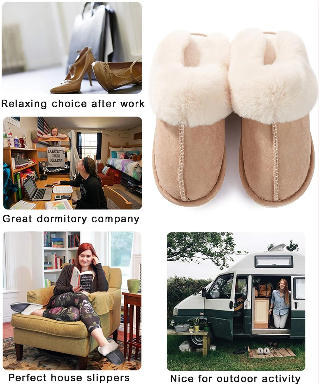 Chaussons Femmes, Pantoufles beige clair à mémoire de forme, Faux Daim et Fourrure – Image 7