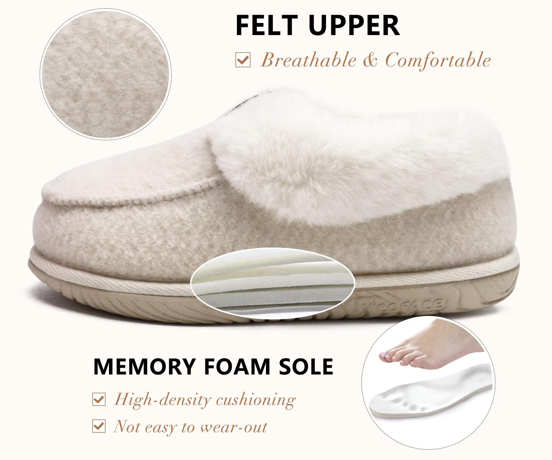 Chausson Femme Hiver Chaud Feutre Pantoufles Peluche Fourrure Doublure Fermé Charentaise Confort Mousse à Mémoire de Forme Antidérapant – Image 4