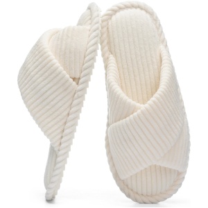 Chaussons Femme Velours Côtelé Mousse Mémoire Bout Ouvert Brides Croisées