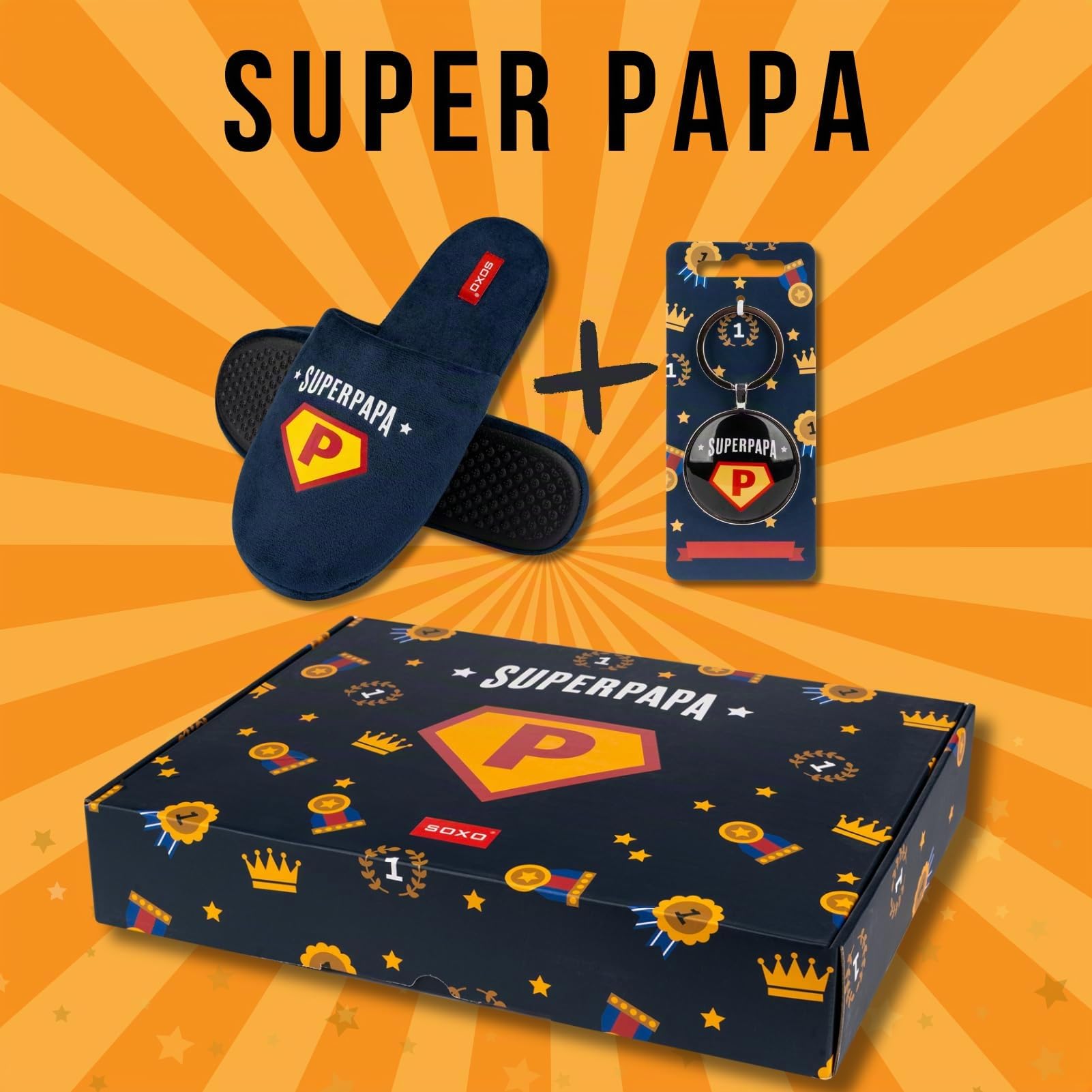 Chausson Homme Acheter Chaussons soxo Super Papa Fantaisie Humour avec Porte-Clés – Image 3