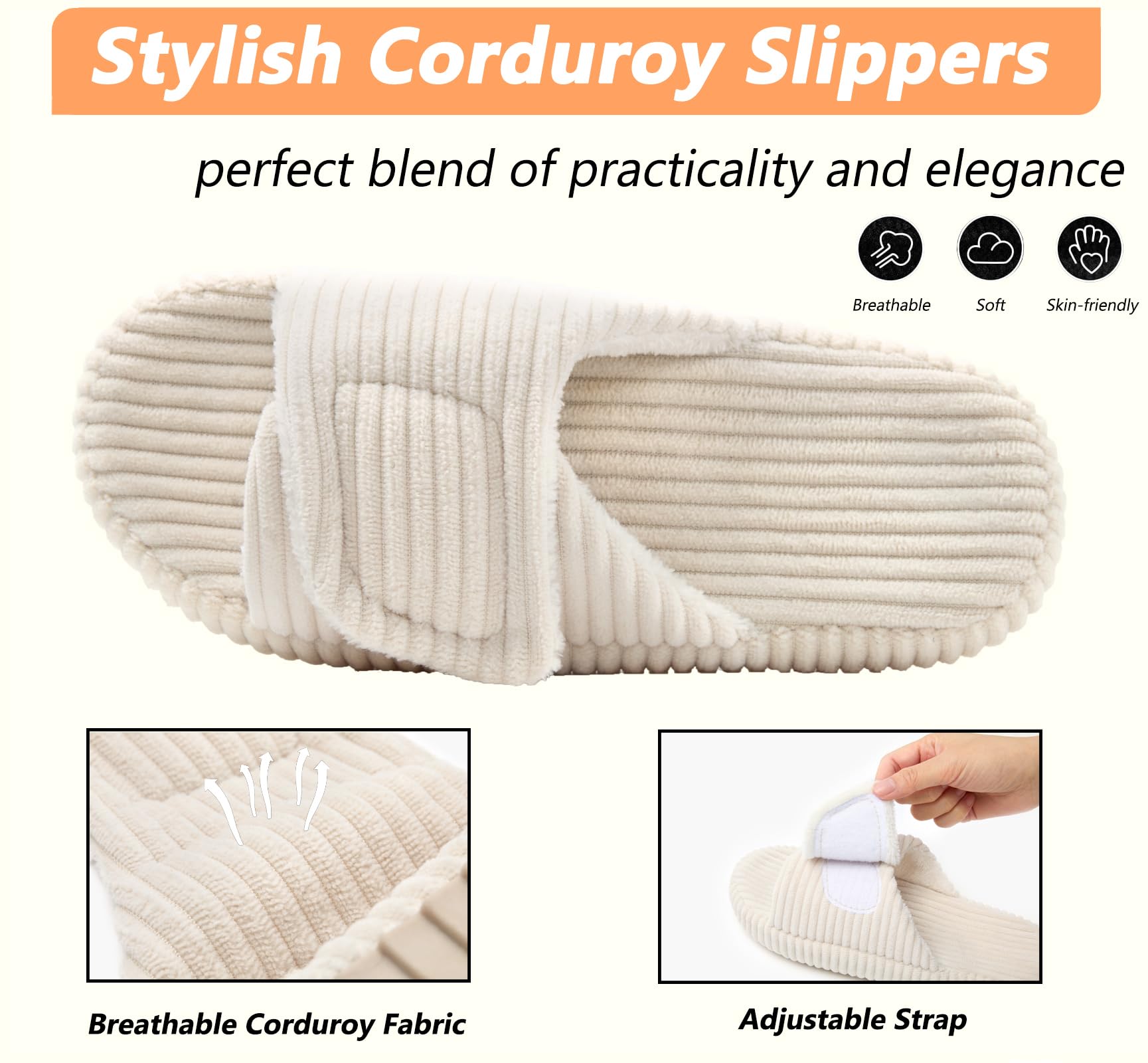 Chaussons Femme Acheter Chaussons velours côtelé mousse mémoire bout ouvert – Image 5